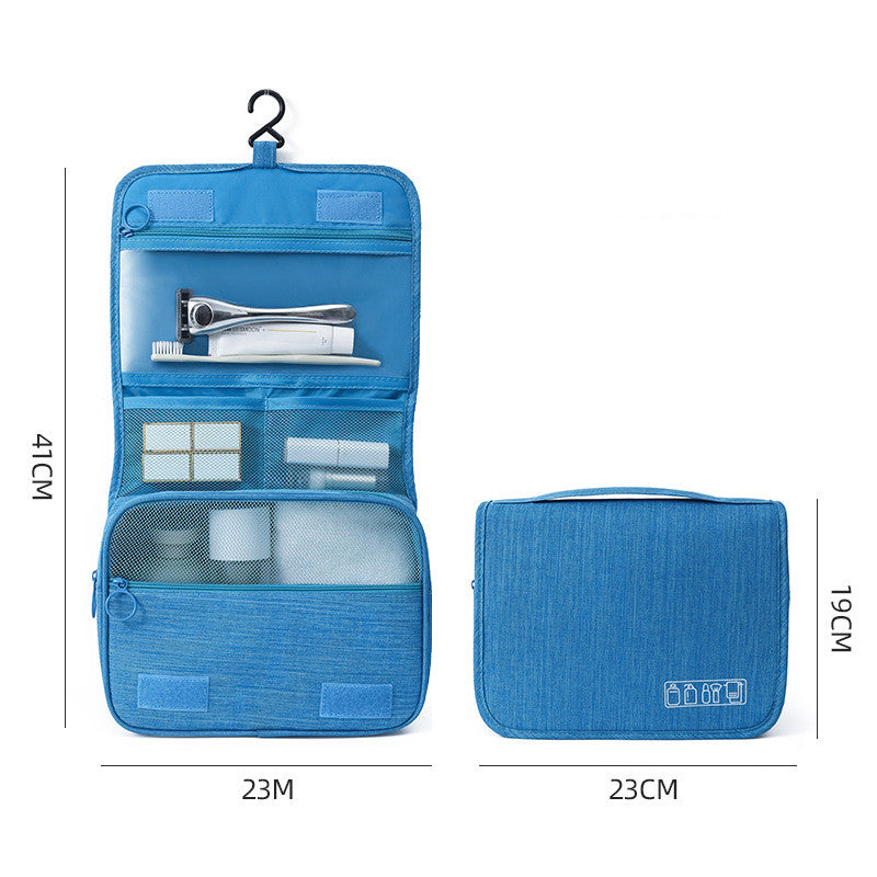 Blue hanging toiletry organizer shown open and closed